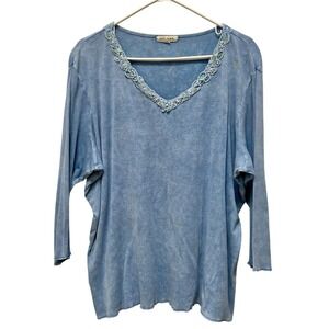 VTG Xcit USA‎ Blue Tie Dye Knit V Neck 3/4 Sleeve Top Plus Size 1X Cotton 90s